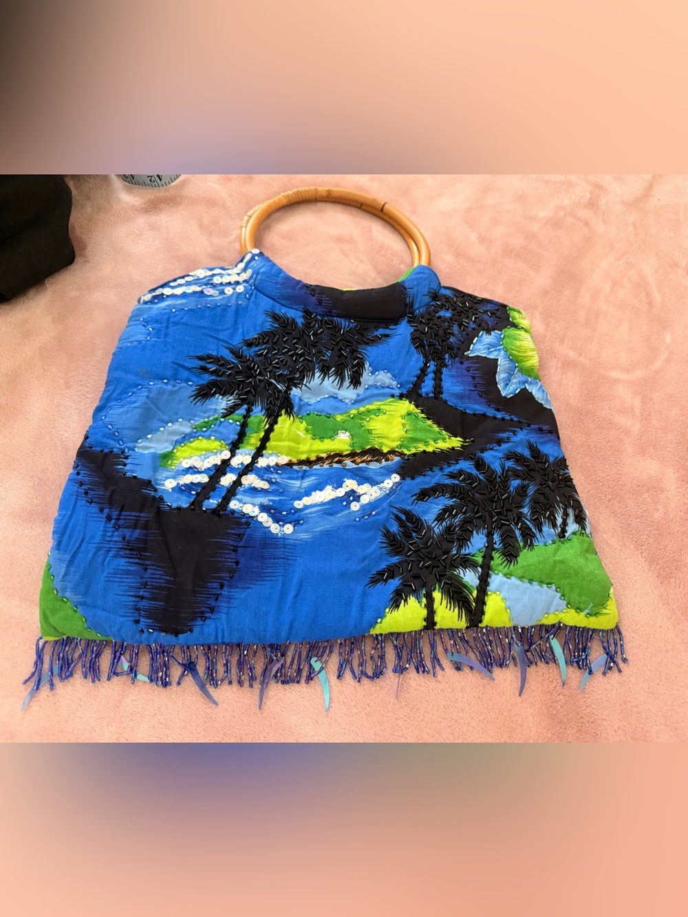 Handbag with Bamboo Handles - Blue & Green Tropical Print